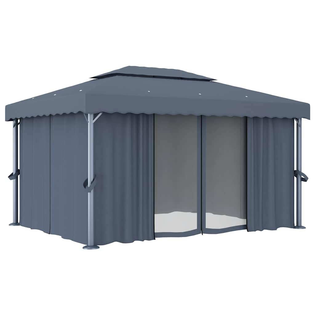 Pawilon ogrodowy, antracyt, 4 x 3 m, z zasłoną i moskitierą, aluminiowa rama z rur stalowych malowanych proszkowo, 2-piętrowy dach poliestrowy z powłoką PA, łącznie z hakami