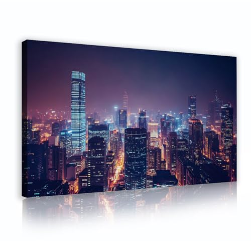 Toile murale architecture moderne YUNART encadrée pour salon gratte-ciel vue nocturne 35x65cm
