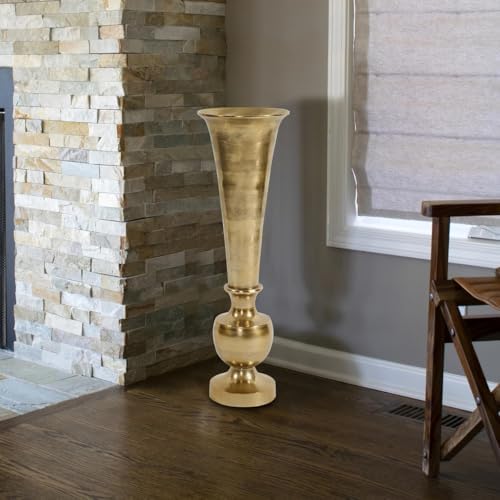 Howard Elliott Gold Aluminum Small Flared Trumpet Floor Vase for Living Room, Modern Gold Finish Table Vase with Footed Base for Flower Decor, Home Centerpiece & Living Room, 9.1 x 9.1 x 30.5 Inch