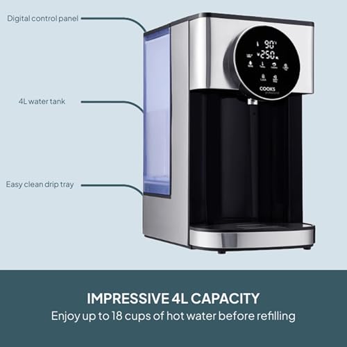 Cooks Professional Digital Hot Water Dispenser 2600W with 4L Tank | Energy Saving Fast Boil | Adjustable Dispense & Temperature | Boil Dry Protection | Descale Function & Water Filter | Silver