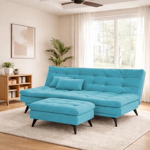 Image of Krancy Solid Wood 3 Seater Sofa Cum Bed with Ottomon | Convertible Wooden Couch for Living Room, Home & Office | Modern Designer Furniture | 1 Year Warranty | Turquise Color