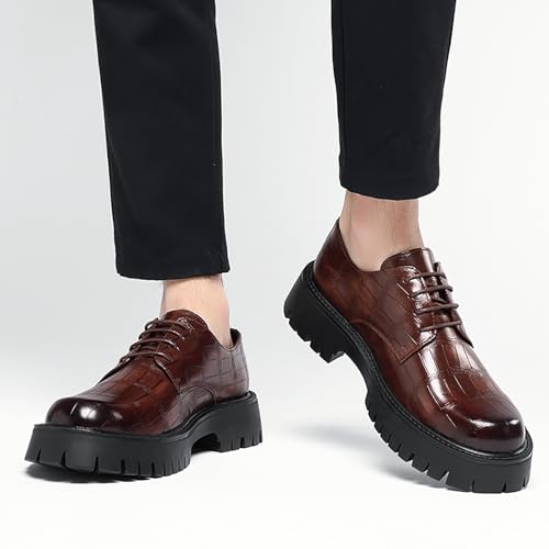 Image of Men's Printed Leather Platform Oxford Dress Shoes Classic Lace Up Anti-Slip Lug Sole Block Heel Formal Oxfords for Wedding Office Business