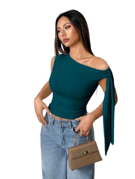 Image of TIVANTE Solid Asymmetrical Shoulder Tie Strap Crop Top for Women