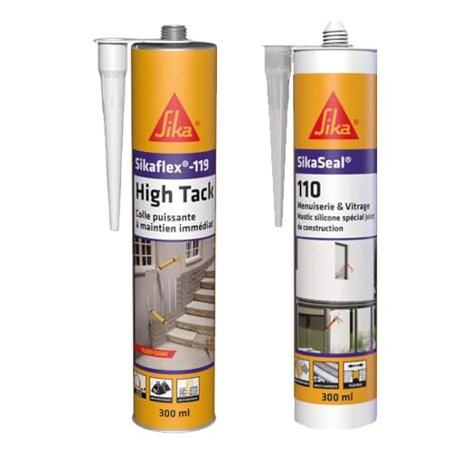 SIKA - Colle polyuréthane puissante - Pour fixation d'objets lourds - Intérieur et extérieur - Blanc - 300ml + Mastic Silicone pour joint de menuiserie & vitrage - Multi-supports - Transparent - 300ml
