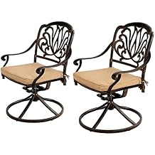 Grepatio Patio Dinning Swivel Chairs Set of 2, Outdoor Swivel Rocker 2 Chairs Furniture, Cast Aluminum Dining Chair Set with Cushion for Garden Backyard Antique Bronze Khaki