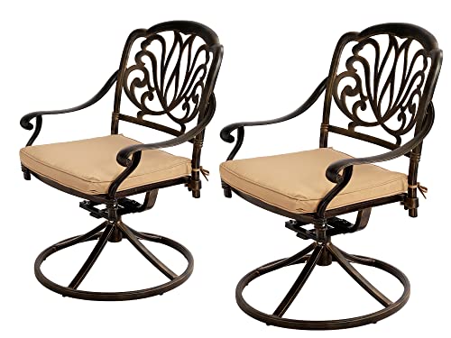 Grepatio Patio Dinning Swivel Chairs Set of 2, Outdoor Swivel Rocker Chair Furniture, Cast Aluminum Dining Chair Set with Cushion for Garden Backyard Antique Bronze(Flower with Khaki Cushion)