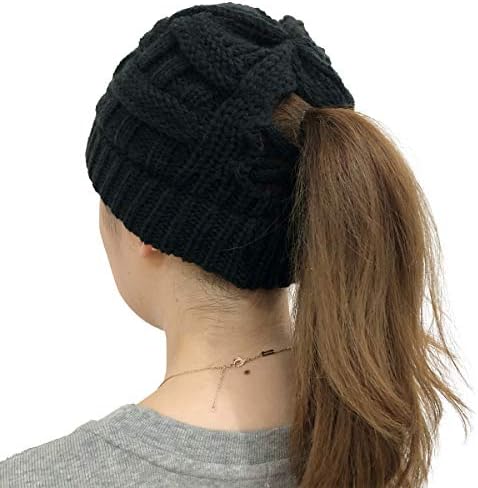 DANMY Women's Ponytail Beanie Hat - High Bun Hole Winter Knit Hat, Stretchy Acrylic, One Size (Black-Gray)
