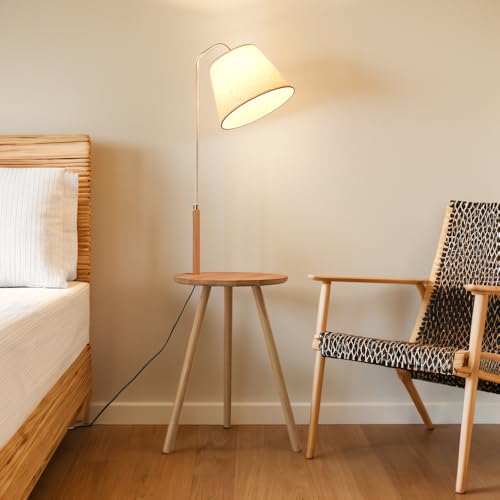 Krear Floor Lamp with Table, Tripod Wooden Lamp for Study Living Room, Foot Switch Standing Light Coffee Table Tall Lamp Natural