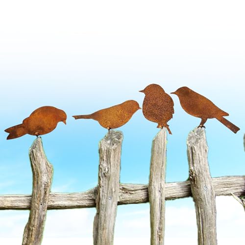 Molijysp 4 Stück Rost Vögel Rost Vogel mit Schraube Metall Gartendeko Für Draußen Edelrost Vögel für Garten Terrasse Balkon Bäume Pfähle oder Zäune