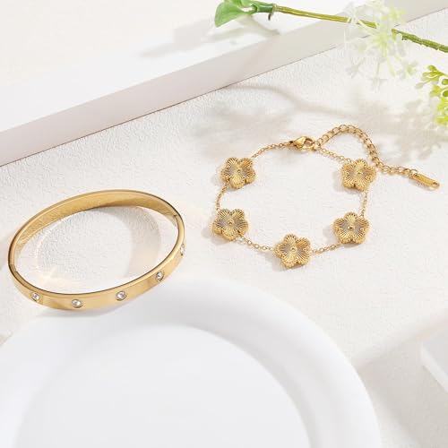 طقم مجوهرات بحلية البرسيم مطلي بالذهب عيار 18 قيراط للسيدات، طقم سوار الحب قابل للتكديس وسوار الصداقة القابل للتعديل مع امتداد قابل للتعديل، هدايا مجوهرات عصرية للزوجات والصديقات والأمهات والبنات