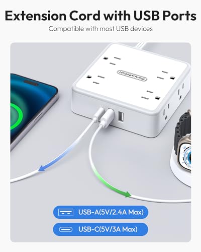 Ntonpower Surge Protector Power Strip, Flat Extension Cord 15 Ft With 8 Widely Outlets 3 Usb Ports thumb #4