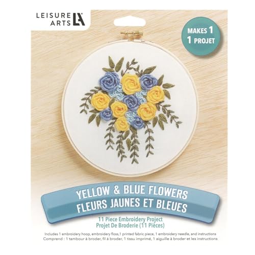 Image of LEISURE ARTS Embroidery Kit 6 inch Yellow & Blue Flowers - Embroidery Kit for Beginners and Adults, Cross Stitch Kits with Patterns, DIY Starter Set for Seasonal Craft Projects