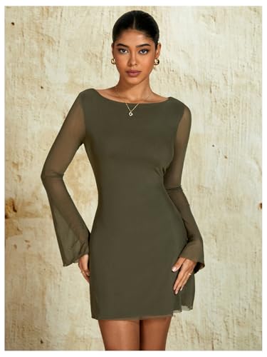 Milumia Women's Boat Neck Mesh Long Bell Sleeve Mini Dress Y2k Going Out Short Dresses Fall 20253
