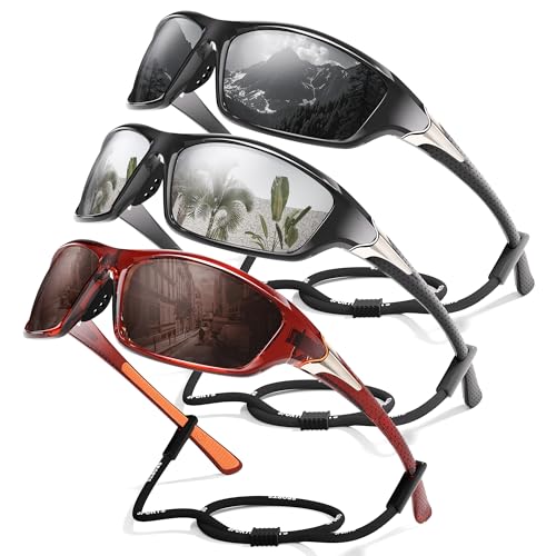 3 Pack Polarized Sports Sunglasses for Men, Mens Sunglasses Wrap Around UV Protection for Cycling Fishing Driving D09-grey/White/Brown