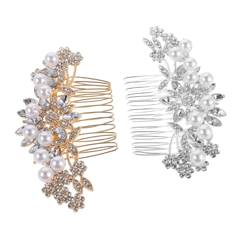 PACKOVE 2個手作りブライダルヘアコーム 輝くラインストーンとパールの花飾り 銀色 金色のエレガント結婚式用ヘッドピース 花嫁の髪型にで