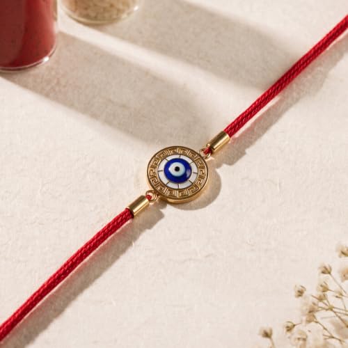 Image of PALMONAS Demifine 18K Gold Plated Evil Eye Rakhi for Brother - Waterproof & Anti-Tarnish Designer Rakhi for Men | Premium Raksha Bandhan Rakhee with Roli Chawal