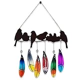 WUFEILY Wind Chimes for Outside with Handmade Glass Feather, Metal Bird Art Ornaments Pendant Windchimes Outdoors Hanging for Indoor Outdoor Yard Patio Porch Decoration, Birthday Gifts for Mom
