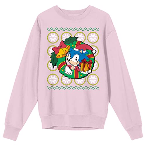 Bioworld Sonic The Hedgehog Sonic Christmas Wreath Crew Neck Long Sleeve Cradle Pink Adult Sweatshirt