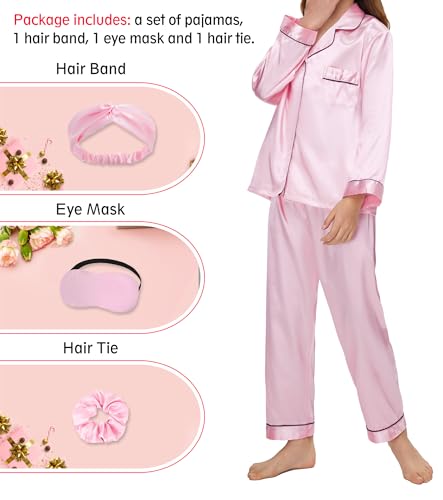 EPLAZA Kids Satin Pajamas Sets Girls Boys Button-Down Silky Pajamas Sleepwear with Hairband Eye Mask Hair Tie4
