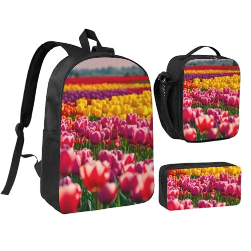 Sac à dos d'école imprimé tulipes avec boîte à déjeuner et trousse fille