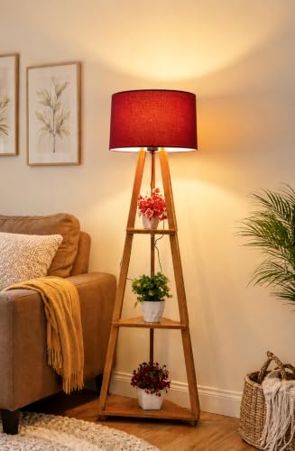 Image of Wooden Tripod Floor Lamp with 3 Shelves Modern Standing Lamp with Fabric Shade Decorative Shelf Floor Lamp for Living Room Bedroom & Home Decor Modern Standing Lamp for Living Room,Bedroom (Red)