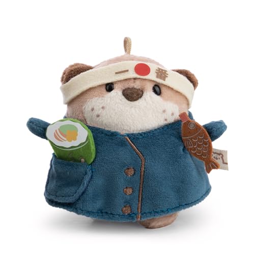 NICI Set Peluche Nutria Jiro 8 cm con Sushi y Disfraz de Cocinero en Caja de Regalo 8,5 x 6,5 x 10 cm, marrón, Diseño Kawaii, Accesorios mymochi de Moda para niños y Adultos - 62906