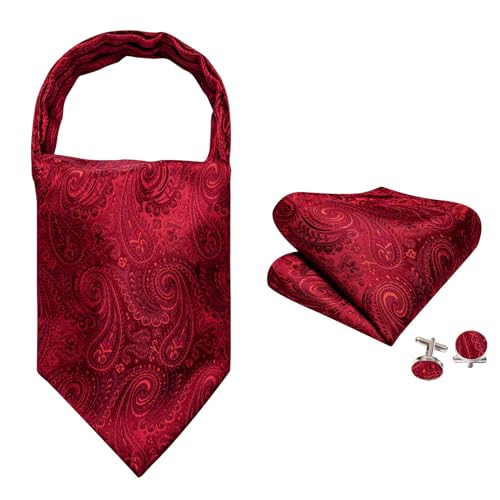 Image of Barry.Wang Ascot Ties Cravat Tie Men Paisley Plaid Scarf Self Tie Pocket Square Cufflinks Set Wedding Party