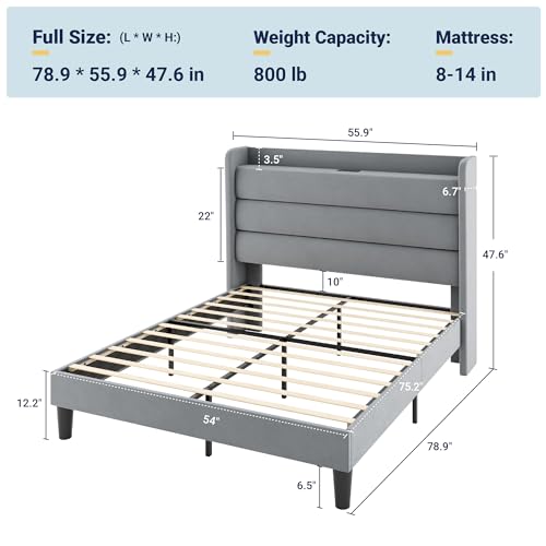 Image of Allewie Full Size Upholstered Bed Frame with Charging Station, Grey