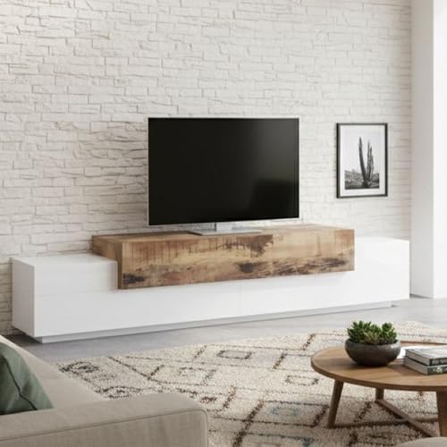 Dmora - Mobile porta TV Nico, Credenza bassa da soggiorno, Base porta televisione, 100% Made in Italy, cm 240x45h52, Bianco lucido e Acero