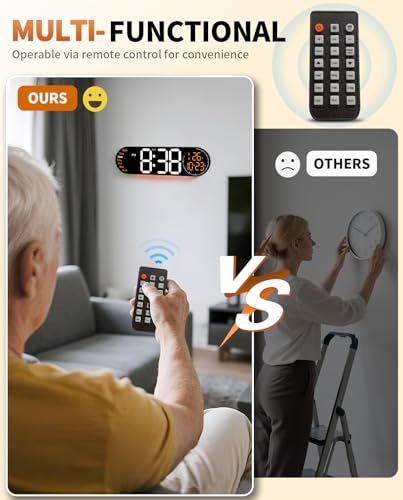 Image of 17.2 Inch Large Digital Wall Clock with 9 Color Changing Remote Control, Date Week Temperature, Auto Brightness Dimmer Clock Night Lights,Orange