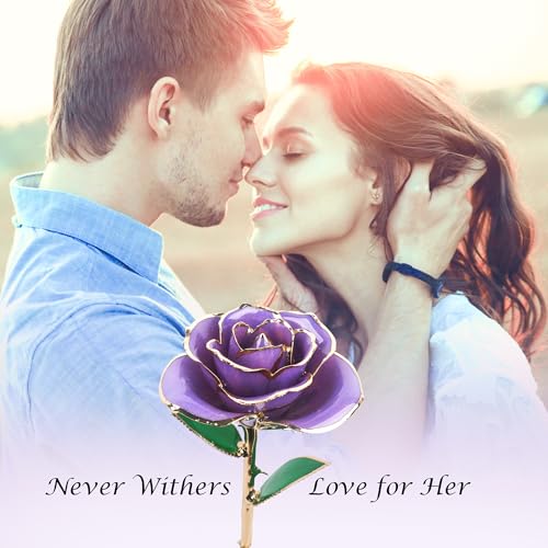 Image of Sinvitron Gold Dipped Infinity Rose - Eternal Resin-Preserved Rose | Forever Flower Decor for Birthdays, Mother's Day, Anniversaries | Unique Gift for Women, Mom, Wife (Lavender Purple)