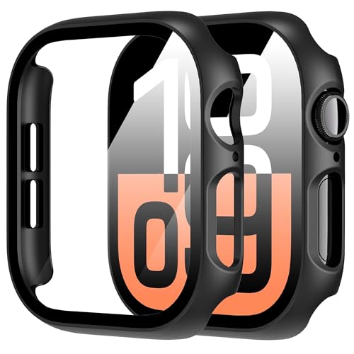 Diruite 2 Pièces Coque pour Apple Watch Series 11/10 46mm Protection Écran Dur PC Matériel Ultra Mince Verre Trempé Écran Case,Noir,Series 11/10-46mm