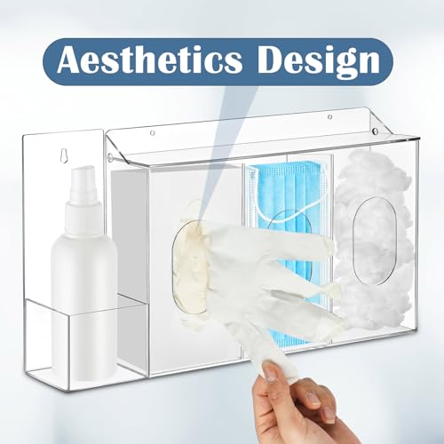 Image of CroBlissful 4 Compartment Hygiene Dispenser Station Wall Floating Glove Holder with Wall Mount Tissue Box Holder Use in Office Hospital for Face Masks, Gloves, Hand Sanitizer Medical Supplies