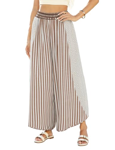LIWEIKE Womens Summer Palazzo Pants Casual Loose Striped Wide Leg Pants Elastic Waist Lounge Trousers