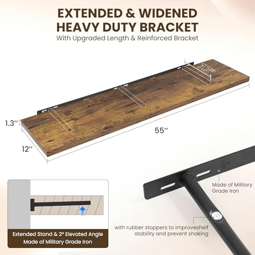 Image of Dreamland 55 inch Floating Shelves for Wall, 12 inch Deep Slim Rustic Brown Floating Shelves, Wall-Mounted Shelves for Bedroom, Living Room, Kitchen, Bathroom - Set of 2