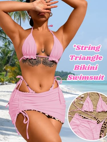 Image of ShawGobow Womens 3 Piece Leopard Bikini Set,Triangle String High Cut Thong Sexy Swimsuit & Coverup Skirt,Pool Party Outfit