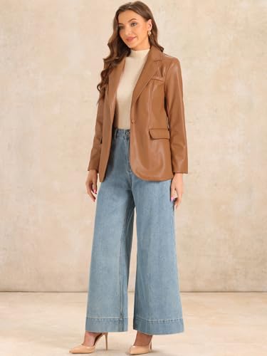 Allegra K Faux Leather Jacket for Women's Lapel Collar PU Biker Moto Casual Oversized Blazer4