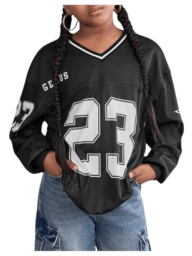 WDIRARA Girl's Y2k Jersey Sweatshirt Oversized Mesh Number Graphic V Neck Long Sleeve Pullover Tops