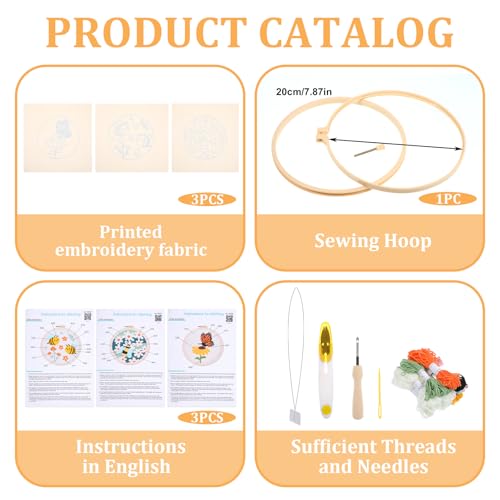 Image of 3 Pcs Punch Needle Kits, 7.87 Inch Cute Floral, Bees and Butterfly Punch Needle Kit for Adults Beginner Children Needles Punching kit with Embroidery Hoop, Instruction, Fabric, Sewing Needles, Yarns