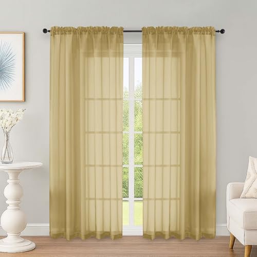 Image of OWENIE Gold Sheer Curtains 72 Inches Long 2 Panels Set, Transparent Voile Sheer Curtain for Living Room Bedroom Window Sliding Glass Door Treatment, 59 x 72 Inch, Gold