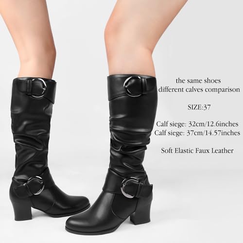 Women Black Knee High Boots Wide Calf Slouch Riding Boots for Women Buckle Comfort Tall Block Mid Heel3