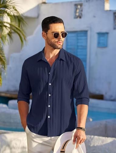 Image of FINIVO FASHION Combo of Men's Casual Cotton Plain Button Down Shirt Long Sleeve Textured Summer Beach Shirt for Men Pack of 3