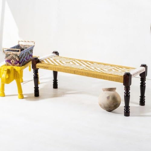 Image of JAE Furniture Wooden Bench for Seating | Handcrafted Sheesham Wood Bench for Living Room, Balcony & Garden | Traditional Patio for Outdoor with Cotton Handwoven Rope | Yellow and White