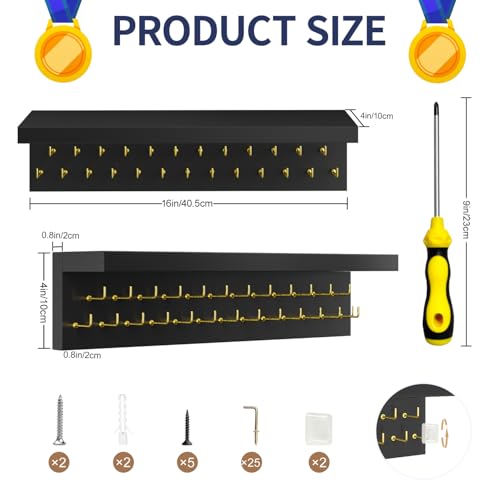 Image of Medal Holder Display Trophy Shelf Organizer, Sturdy Wooden Race Award Hanger Rack with 25 Steel Hooks, Wall Mount Storage Stand for Sports Fans, Cheer Success