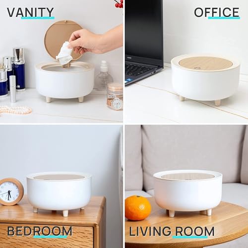 Image of Small Dustbin with Lid - Mini Desktop Trash Can Pop up Tiny Tabletop Garbage Can Portable Wastebasket for Bathroom Vanity, Desktop, Tabletop, Round Press, White, ABS Plastic