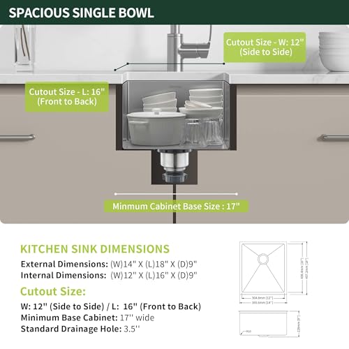Image of 14-Inch Undermount Bar Sink, SINKVINE Stainless Steel Single Bowl