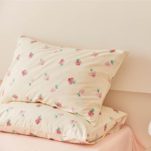 Image of Strawberry Duvet Cover Twin Size Pink Strawberries Cream White Bedding Set Kids Cute Soft Lightweight Microfiber Comforter Cover Set with Zipper Closure and 1 Pillowcase