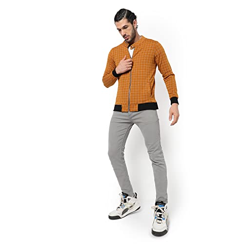 Image of Campus Sutra Men's Rust Orange Checked Textured Regular Fit Cotton Jacket For Winter Wear | Round Neck Collar | Full Sleeve | Zipper | Casual Jacket For Man | Western Stylish Jacket For Men