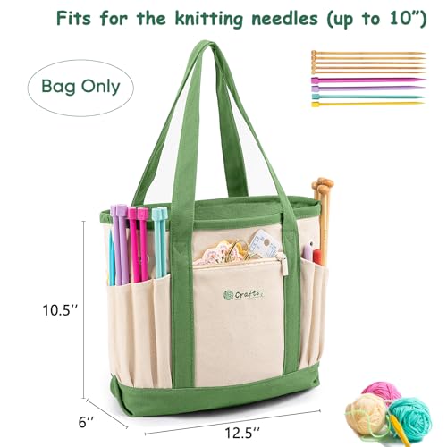 Image of MYBAGZING Canvas Yarn Storage Organizer Bag Washable Crochet Bag with Pockets for Yarn, Hooks, Needles - Travel Knitting Tote for Crafters - Gift for Crocheters & Knitters (Medium /Large)