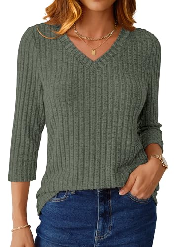 NORACORA V Neck 3/4 Length Sleeve Shirts for Women Casual Fall Tops Lightweight Tunic Sweaters 20253